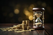 © Starmarpro - Golden coins and hour glass sand clock. Time is money concept. Investing long term, mutual funds return. High quality photo