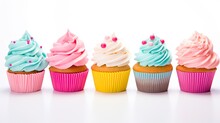 Colorful Cupcake Delight On White Background - Rows Of Isolated Cupcakes In Various Colors And Flavors. Generative AI