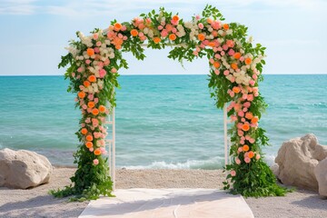 Beautiful Italian Wedding Altar with Eucalyptus, Orange and Pink Floral Arrangement. Generative AI