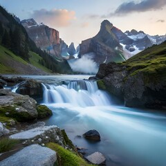 Wall Mural - Picturesque scenery of waterfall flowing through rough rocky mountains covered with green moss in forest