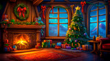 Fototapeta  - A living room decorated for Christmas with a tree, fireplace, presents, and a wreath