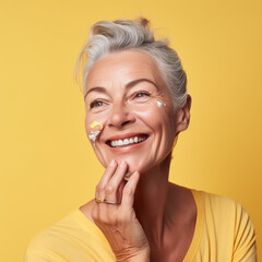 Wall Mural - Beautiful senior woman applying face cream on a yellow background. Generative AI.