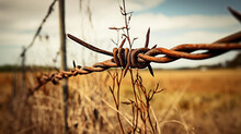 Old Rusty Barbed Wire With Wooden Base Fence Over A Grass Field Portrait