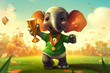 happy little elephant, wearing a soccer jersey in the colors of the republic of côte d'ivoire, receiving the soccer world cup trophy, in a soccer stadium
