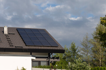 Poster - new building with solar panel and chimney on rooftop