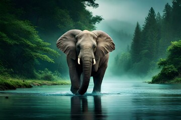 A majestic elephent in a lush jungle - AI generative