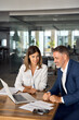 © Stock 4 You - Team of diverse partners sitting at table mature Latin business man and European business woman discussing project on laptop in office. Two colleagues of professional business people working, vertical