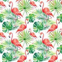 A Pattern Of Flamingos, Monstera And Palm Branches. Mosaic. Collage. Watercolor Illustration. Tropical Birds.