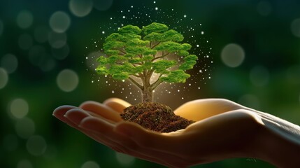 Wall Mural - symbolic magic green tree in a human hand on blurred background. respect for nature, sustainable ene