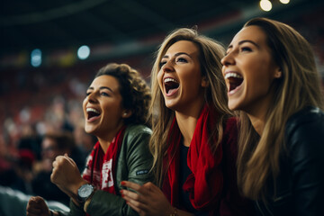 Women's football fans having fun cheering their favorite team Soccer sport entertainment concept made with AI generative technology