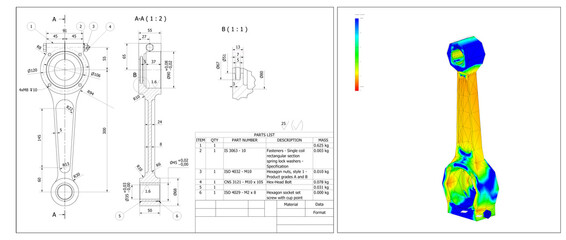 finite element method, FEM, analysis connecting rod crank for friction and forces in reciprocating motion converted in rotation