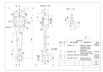 Engineering Technical Drawing Graphics of a rod crank from combustion engine in a car