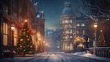 Fototapeta Londyn - Generative AI, Christmas European street, New Year's decor, Christmas tree, garlands, postcard with views of the winter festive city