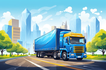 Blue truck confidently driving on road with backdrop of city buildings. Efficient transportation and logistics services in urban environments.