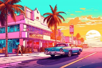 Wall Mural - Illustration of Miami beach in a vibrant 1980s retro synthwave style, watercolor masterpiece.	
