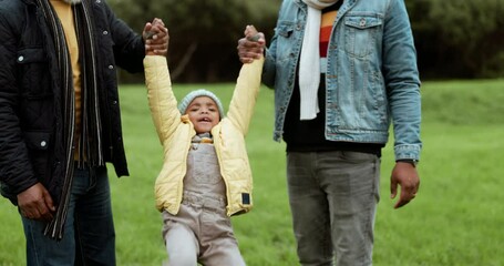 Poster - Family, fun swinging and park walk with grandfather, dad and child happy outdoor with youth. Garden, African senior man and father with young kid and smile playing in a field on holiday together