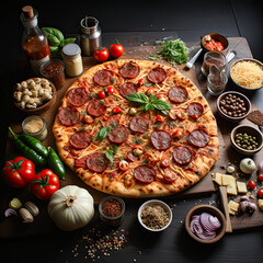 Wall Mural - pepperoni pizza on dark background AI generated, high quality 3D illustration