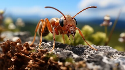 A macro photograph of red ant on the ground.