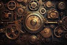 Steampunk Clockwork Texture Background, Intricate And Mechanical Gears And Cogs, Industrial And Retro-futuristic Surface