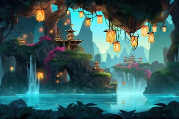 Wall Mural - Enchanting Floating Island: Lush Vegetation, Cascading Waterfalls & Floating Lanterns, generative AI