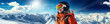 Winter sport young woman portrait on snow mountains landscape