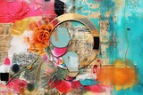 Fototapeta Paryż - Vibrant Colors and Textured Layers: Exploring an Abstract Mixed Media Art Background with Collage Elements, generative AI