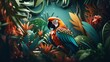 canvas print picture - Macaw in amazon rainforest perched on a tree, colorful. 3d paper art, papercut, colorful, illustration, background, landscape, wallpaper.