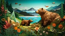 Two Bears In The Forest, With Trees, Birds, Flowers, Lake And Mountain. 3d Paper Art, Papercut, Blue And Green, Illustration, Background, Landscape, Wallpaper.