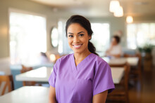 Young Hispanic Nurse , Wearing Light Purple Medical Scrubs