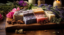 Handcrafted Fragrant Soap Displayed Elegantly: Artisanal Soaps With Inviting Scents In A Soap Manufacturing Setting