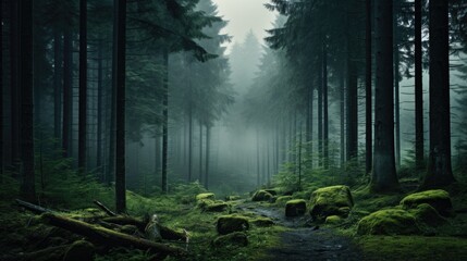 Foggy forest panorama. Creepy fairytale looking woods on a misty day.2