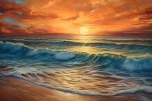 Glorious Sunrise On A Sandy Beach: Warm Hues Painting The Sky And Ocean In A Sun Drawing, Generative AI