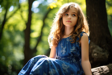a portrait of a young girl with a curious expression. she is wearing a blue sundress and is sitting 