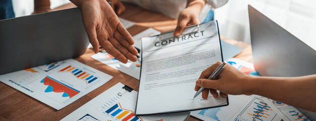 Poster - Panorama shot hand signing signature on legal contract, business report and BI Fintech paper on table. Seal business agreement deal with signature. Investment loan for startup company. Scrutinize