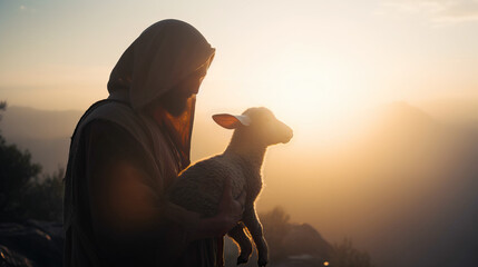 shepherd jesus christ taking care of one missing lamb during sunset.