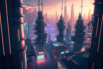 Wall Mural - Cyberpunk Futuristic City .Future Fiction with neon signs and lights. Cyberpunk city with futuristic buildings. Digital illustrations.