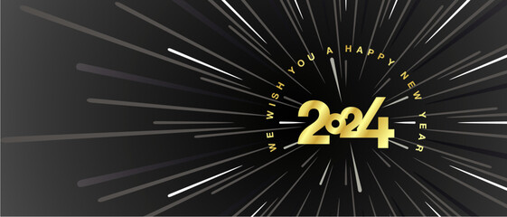 We wish you a Happy New Year 2024 high warp speed space golden type typography with abstract tunnel or speedometer shape black background greeting card