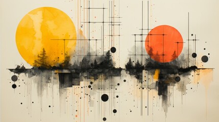 Wall Mural - Abstract circles and lines in yellow and orange with black. Generative AI. 