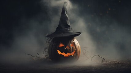 Wall Mural - Creepy halloween steaming pumpkins with a carved smirk and witch hat on a black background. A handmade jack-o-lantern head with a candle inside in the dark among the fog. Trick or treat. Generative AI