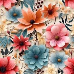 Wall Mural - A floral seamless texture of pastel flowers. Generative AI. 