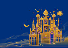 Fabulous Oriental Kingdom. Illustration Of Fantasy Fairy Tale Environment. Cover For Kids Book. Background For Computer Game, Mural Wallpaper, Decoration, Theatrical Scenery. Vector Drawing.