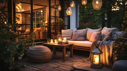 Wall Mural - cozy cafe  terrace outside ,blurred lantern candle light, soft sofa flowers and trees in garden ,cozy house  atmosfear on evening 