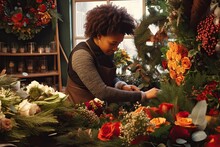 Woman Make Traditional Christmas Decoration And Wreath At Her Florist Shop. Xmas Holiday. Generative AI.