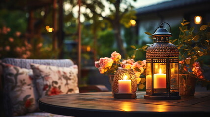 Wall Mural - cozy cafe  terrace outside ,blurred lantern candle light, soft sofa flowers and trees in garden ,cozy house  atmosfear on evening 