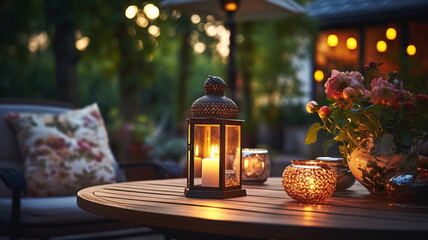 Wall Mural -  terrace outside ,blurred lantern candle light, soft sofa flowers and trees in garden ,cozy house  atmosfear on evening 