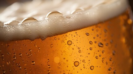 Wall Mural - Macro shot capturing close up of beer foam and bubbles. Generative AI