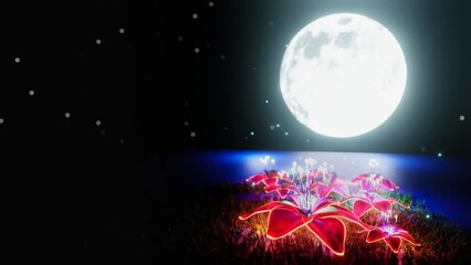 Wall Mural - red glowing flower Fantasy, science fiction style, located by the river. full moon night nature There are flowers blooming on the grass by the river. 3D Rendering.