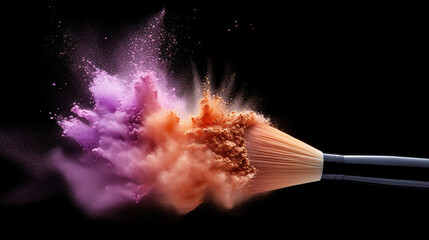 face brush with powder foundation on black background. facial cosmetics make up. generative AI