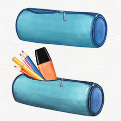 Wall Mural - Blue school pencil case closed and open with stationery set watercolor vector illustration. Learning education concept