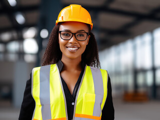 Poster - African woman working on a construction site, construction hard hat and work vest, smirking, middle aged or older,